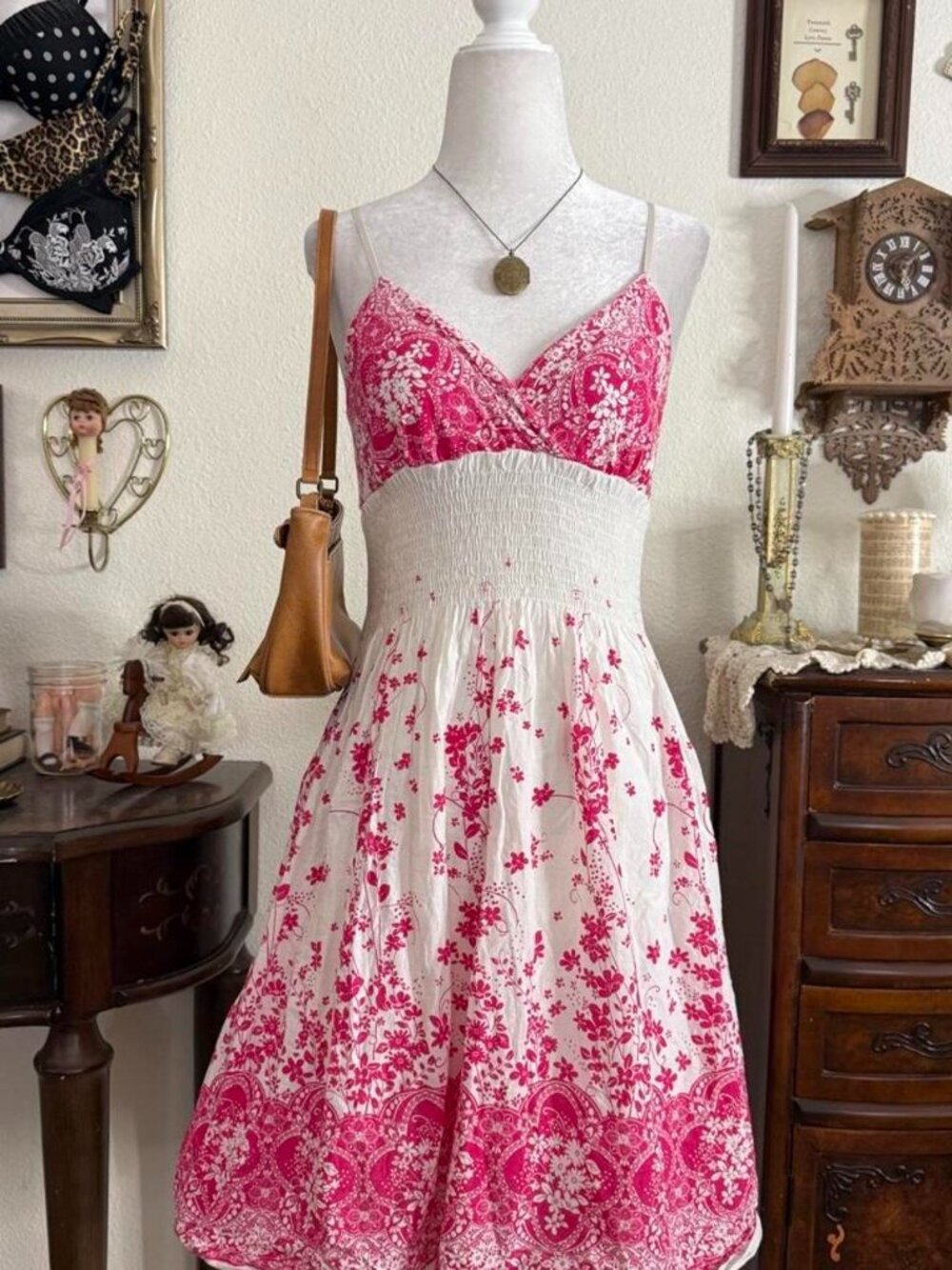 Y2k boho fairy grunge pink and white floral babydoll dress